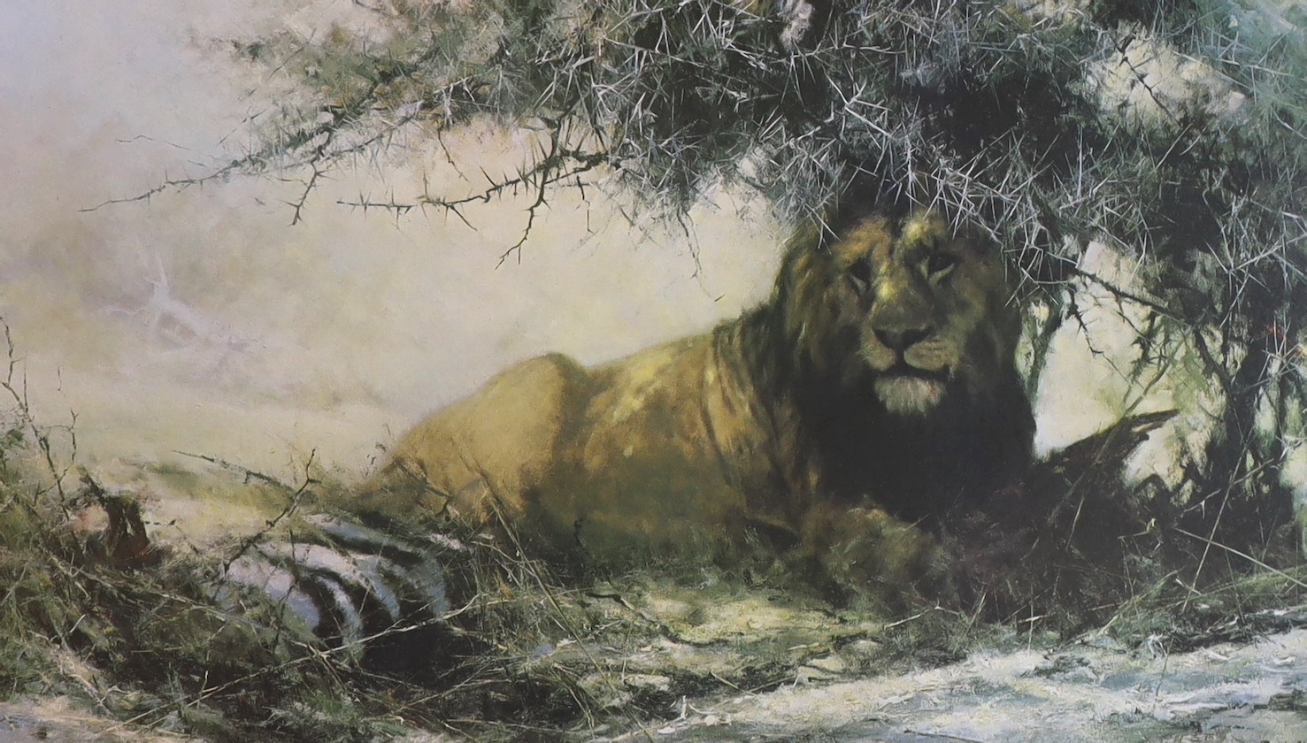English School c.1900, oil on canvas, Shepherds and flock upon the downs, 30 x 40cm, together with a signed David Shepherd print of a lion